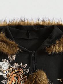 ROMWE Fairycore Sudadera con adornos de strass con estampado de tigre en bosque de bambú para tallas grandes