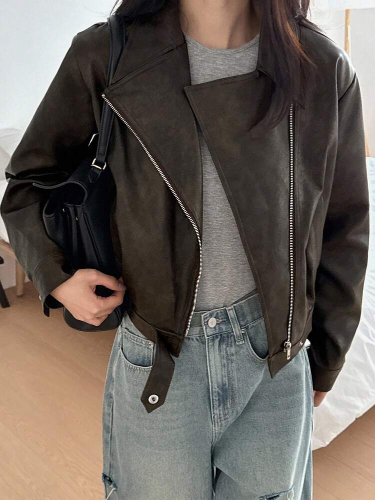 Women's Lapel Short Loose Cardigan With Asymmetric Front Design, Casual PU Leather Jacket Winter