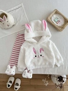 SHEIN 2pcs Baby Girls Rabbit Embroidery Hoodie Sweatshirt With Rabbit Ears And White Fuzzy Trim Red & White Striped Pants Set, Fashionable & Cute Fall Winter - Multicolor - View 3