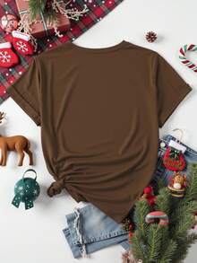 EMERY ROSE Christmas Coffee Gingerbread Man Printed Casual Plus Size T-Shirt - Coffee Brown - View 2