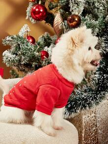 PETSIN 1件宠物圣诞雪人卡通图案可爱印花狗狗红色抓绒卫衣 - 紅色 - 查看 3