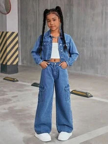 女童青少年新款水洗牛仔两件套，短款牛仔夹克 + 宽腿宽松牛仔裤，休闲装 - 中等水洗藍 - 查看 10