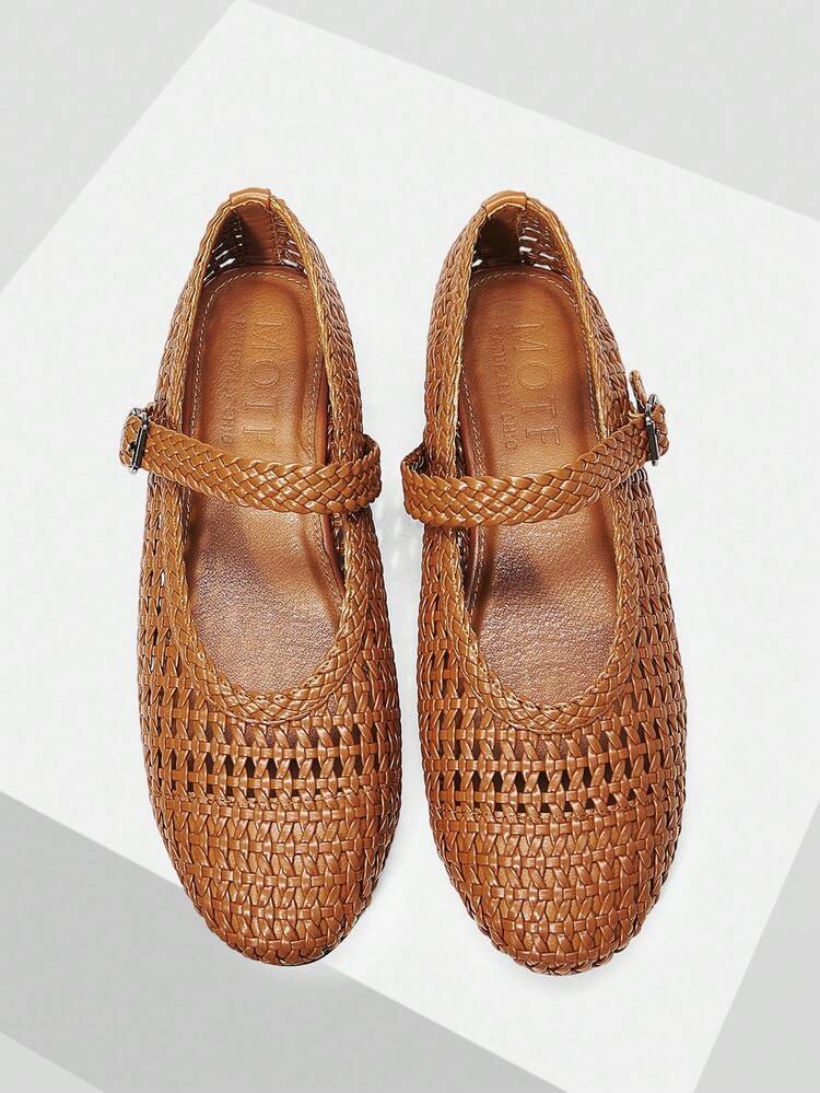 Zapatos de baile casuales, cómodos y con estilo, tejidos, huecos, transpirables y no abrasivos, tipo Mary Jane con punta redonda y planos tipo ballet