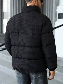 Manfinity CasualCool 男式拉链格子撞色长袖口袋冬季加厚外套，秋季 - 黑色 - 查看 2