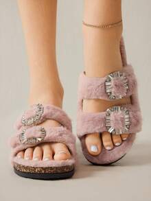 Solecia 香槟色闪光材质舒适厚底平底凉鞋，适合度假、居家和休闲外出 - 粉色 - 查看 10