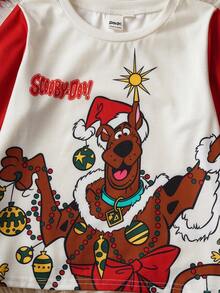 SCOOBY-DOO X SHEIN Set de 2 piezas de camiseta de manga larga y pantalones con estampado de perro y letras de Navidad en contraste de color para niño pequeño