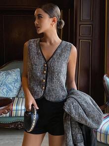 DAZY مجموعة جاكيت صدرية بدون أكمام ذات رقبة على شكل حرف V وبلوزة كاجوال بأكمام طويلة، لون متباين، قطعتان، خريف/شتاء رمضان - رمادي - مشاهدة 3