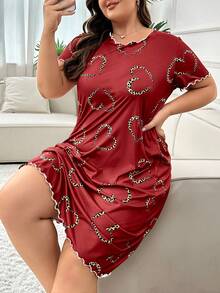 加大码豹纹爱心印花短袖睡裙，Moo Moo睡衣 - 紅色 - 查看 3