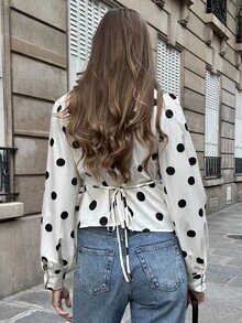 Pariaura Autumn And Winter French Fashion Casual Commuting Black Polka Dot Print Chest Split Design V-Neck Lantern Long Sleeves Closed Going Out Top Fall For Women Autumn Chic Social Going Out - Apricot - View 2