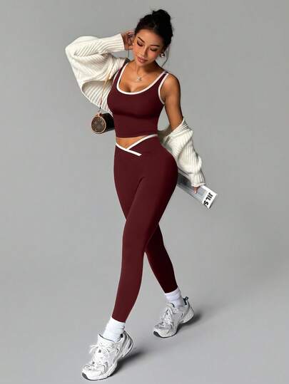 Easithlete 2 st. yogaset i kontrastfärg för kvinnor, ärmlös topp och tajta byxor, träningsoverall, sömlös yogajumpsuit, atletiskt tvådelat set, gymjumpsuit, träningsoveraller, träningsset för kvinnor, gymoutfitset, gymleggingsset, träningsset, träningsset för kvinnor, träningsset för kvinnor, träningsset för kvinnor, atletiskt tvådelat set