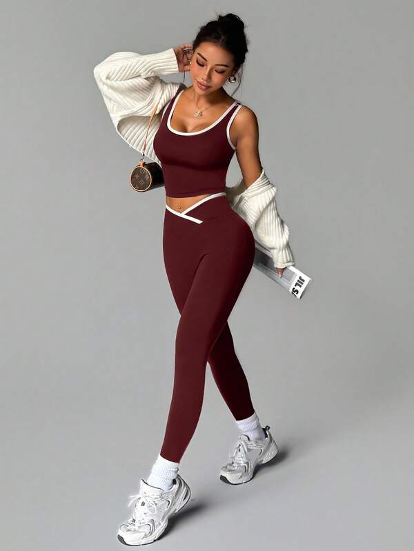 Easithlete 2 Stücke Damen Yoga Kontrast Farbe Sport Set, ärmelloses Top und enge Hose Aktivbekleidung Jumpsuit nahtloser Yoga Jumpsuit Athletik Zwei-Teiler Set Gym Jumpsuit Trainingsanzug Damen Aktivbekleidung Set Gym Outfit Set Gym Leggings Set Trainingsset Damen S Aktivbekleidung Set Damen Aktivbekleidung Set Athletik Zwei-Teiler Set