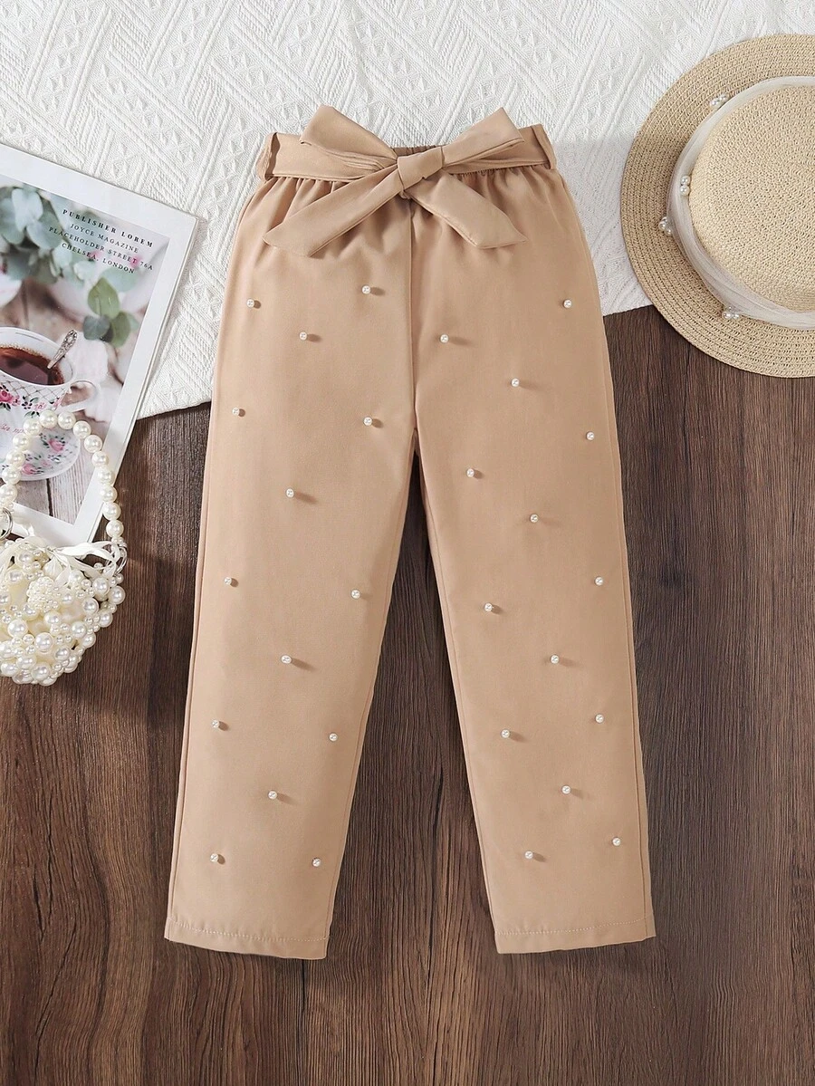 SHEIN Beaded Bowknot Waist Casual Young Girls Pants Fall Winter - Khaki - View 1