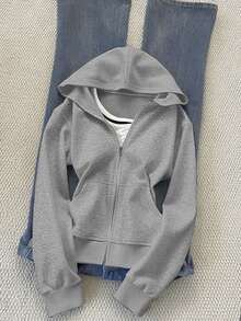 INAWLY 女式纯色连帽休闲拉链连帽夹克