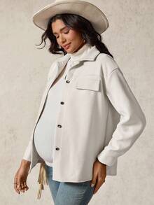 Boho Mama Maternity Solid Color Drop Shoulder Long Sleeve Single-Breasted Casual Regular Jacket - Apricot - View 1