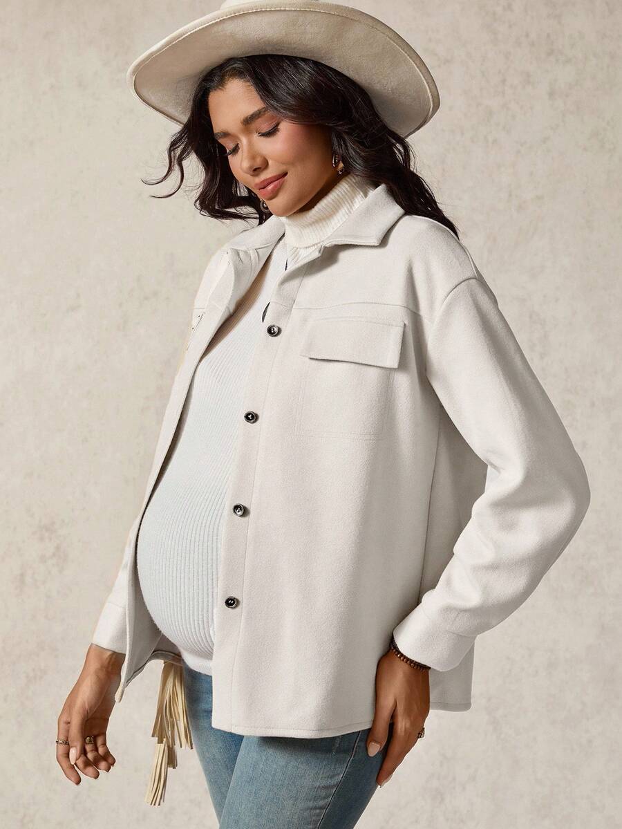 Boho Mama Maternity Solid Color Drop Shoulder Long Sleeve Single-Breasted Casual Regular Jacket - Apricot - View 1