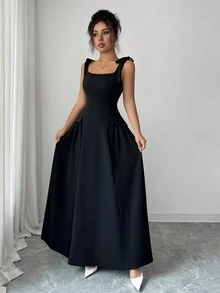 Elenzga New Women's Square Neck Wide Strap Bow Knit Textured Fabric Faux Pocket Pleated Design Dress, Casual Vacation Everyday Versatile Young Elegant, Spring/Summer