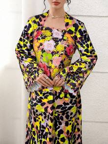 Al Najma 女式花卉豹纹喇叭袖优雅阿拉伯风格连衣裙 - 彩色 - 查看 4