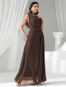 Coutiva 奢华亮片珍珠领晚礼服，高端礼服，优雅气质 - 咖啡棕 - 查看 5