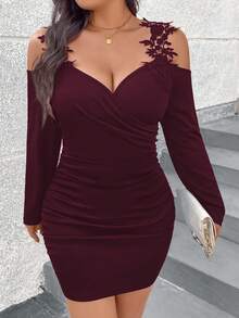 SHEIN Clasi Plus Size Women Off Shoulder Long Sleeve Solid Color Bodycon Dress - Red - View 6