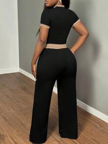 SHEIN SXY Bộ 2 món áo ngắn tay ôm sát màu tương phản gợi cảm và quần dài Bộ đồ hai mảnh thoải mái thường ngày cho nữ Bộ đồ hai mảnh cao - Nhiều màu - Xem 2