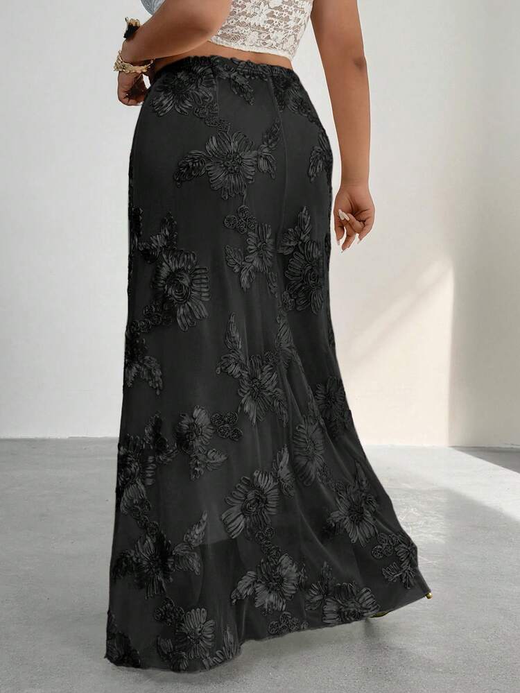 Firerie 大码女式花卉提花松紧腰鱼尾下摆优雅半身裙 - 黑色 - 查看 2