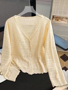 GlowEve CURVE Plus Size Women Casual V-Neck Single-Breasted Hollow Out Yellow Cardigan, Autumn Winter Fall - Apricot - View 1