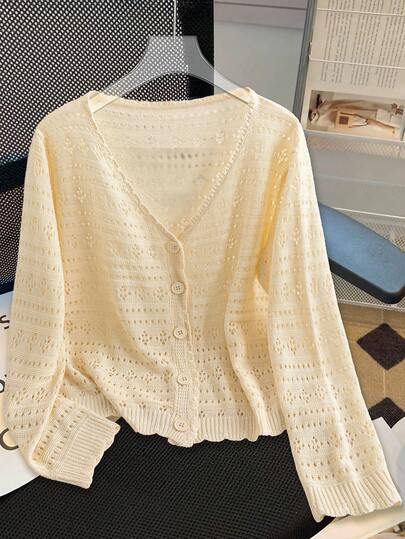 GlowEve CURVE 大码女式休闲V领单排扣镂空黄色开衫，秋冬秋季