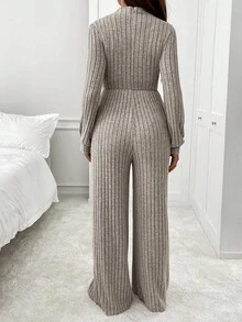 SHEIN 纯色休闲长袖口袋孕妇连体裤 - 杏色 - 查看 2