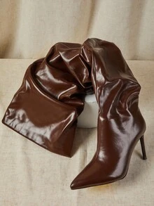 SHUZIA حذاء بكعب عالي بتصميم الساق الطويل من الجلد الصناعي PU بتصميم مريح وأنيق مناسب للمناسبات الخاصة مثل عيد الهالوين والشتاء والأعياد - شوكولاته بني - مشاهدة 7