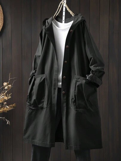 SHEIN LUNE Plus Size Casual Hooded Long Jacket With Large Pockets