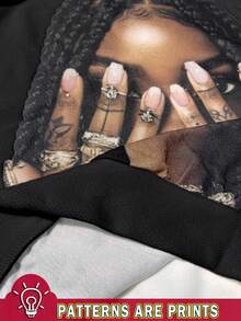 Slaydiva 休闲辫子图案圆领宽松长袖运动衫，适合夏季 Y2k 运动衫美学运动衫黑色图案运动衫女士运动衫图案运动衫，秋季 - 黑色 - 查看 3