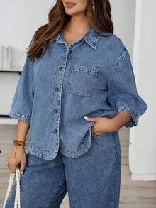 EMERY ROSE Plus Size Solid Color Casual Long Sleeve Denim Shirt,Travel, Commuting, Party, Vacation, Old Money Style, Shopping, Banquet, Elegant, Party, Date,Winter,Fall ,Autumn,Halloween,Christmas ,New Year,Thanksgiving, Party - Blue - View 8