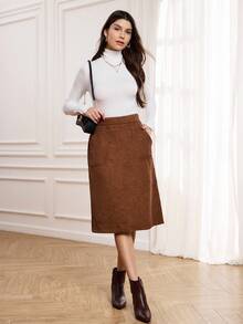 Miaspire Váy vải nhung kẻ túi eo cao - Cà phê nâu - Xem 4