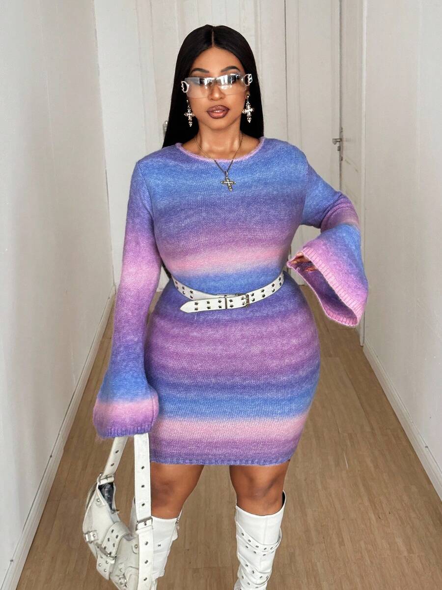 Maweii 加大码渐变色优雅圆领长袖毛衣裙 - 彩色 - 查看 1