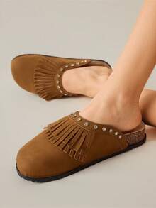 Solecia Zapatos planos cómodos con puntera redonda, borlas y pedrería completa, con doble hebilla para mujer, versátiles para uso diario, fiesta y commute - Camel - Ver 8