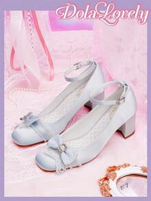 Dola Lovely Giày cao gót mũi vuông đế thô màu xanh dương dễ thương có họa tiết hoa bướm, ren ngọc trai giả và ngọc trai dành cho nữ, thích hợp làm quà tặng lãng mạn, cũng thích hợp cho các bữa tiệc, buổi tụ họp và Giáng sinh, Halloween, v.v. - Màu xanh lam - Xem 6