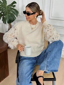SHEIN Frenchy Women's Fashion Sequin Decor Round Neck Long Sleeve Sweater,Fall And Winter, Christmas,New Year - Apricot - View 5
