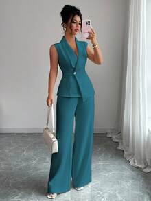 Selianne 女士优雅办公室通勤下午茶派对装，有领不对称下摆无袖西装外套，腰部饰有金属扣，搭配弹力腰裤，两件套西装，春夏 - 水鴨藍 - 查看 6