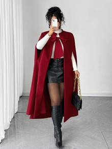 Elenzga Plus Size Women Elegant Woven Sleeveless Cloak With Large Red Bowknot Shoulder Strap, Mid-Length Woolen