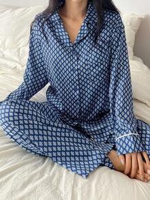 DAZY Geometric Floral Print Satin Women Pajama Set, Fall Winter Clothes - Blue - View 3
