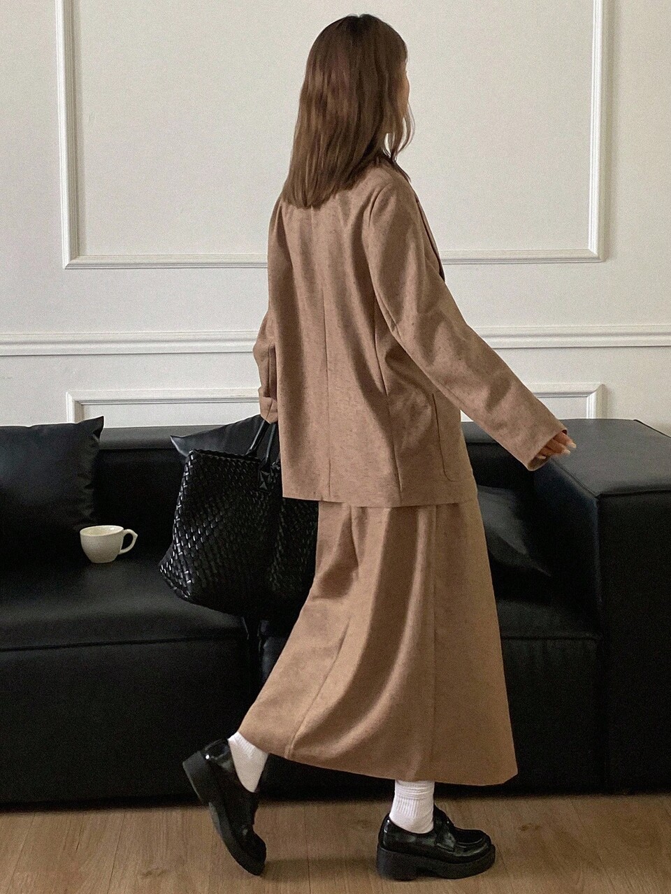 Women's Solid Color Loose Long Sleeve Lapel Pocket Blazer Jacket & A-Line Split Hem Skirt Casual Elegant Suit Set, Autumn/Winter Business Attire