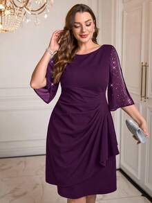 Gownix Plus Size Women's Rhinestone Embellished Split Sleeve Party Dress - Purple - View 4