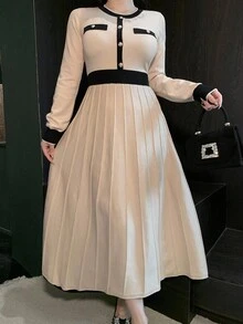 DAZY Women's Elegant Colorblock Round Neck Sweater Dress, Autumn