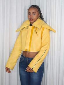 Y2K Amplova 女款黄色性感活力吸睛大翻领皮革和毛皮拉链长袖夹克，适合秋冬季上学和日常穿着 - 黃色 - 查看 15