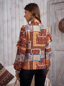 LanaWest Women's Autumn/Winter New Retro Western Paisley Asymmetrical Print Notched Neck Frill Trim Long Sleeve Tie-Up Tassel Loose Bohemian Style Casual Versatile Blouse Fall Cloth For Women - Brown - View 2
