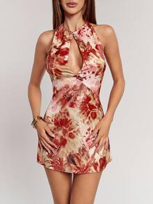 SHEIN BAE Váy ngắn không tay buộc eo hở lưng in họa tiết dành cho nữ - trái cam - Xem 5