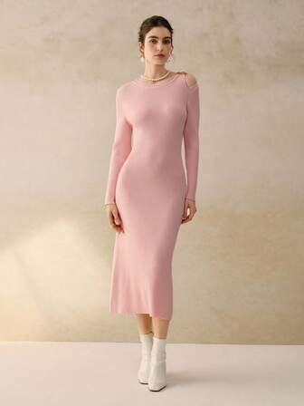 Cévolie Women's Solid Color Long Sleeve Round Neck Fitted Off-Shoulder Fashionable Knit Dress