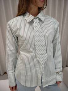 MUSERA Neck Tie Detail Button Down Cinch Tie Waist Stripe Shirt Classy Sexy Streetwear   Night Out Elegant . Holidays, Party Spring - Multicolor - View 6