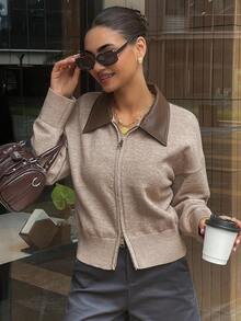 DAZY 女式休闲PU拼布拉链开衫，秋季 - 卡其色 - 查看 3