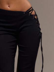 MUSERA Lace Up Side Silver Eyelet Asymmetric Waist Capri Cropped Fitted Trousers Cool Girl, , Going Out, Sexy, Costumes For Women Crimson Party Valentines Day - Black - View 5